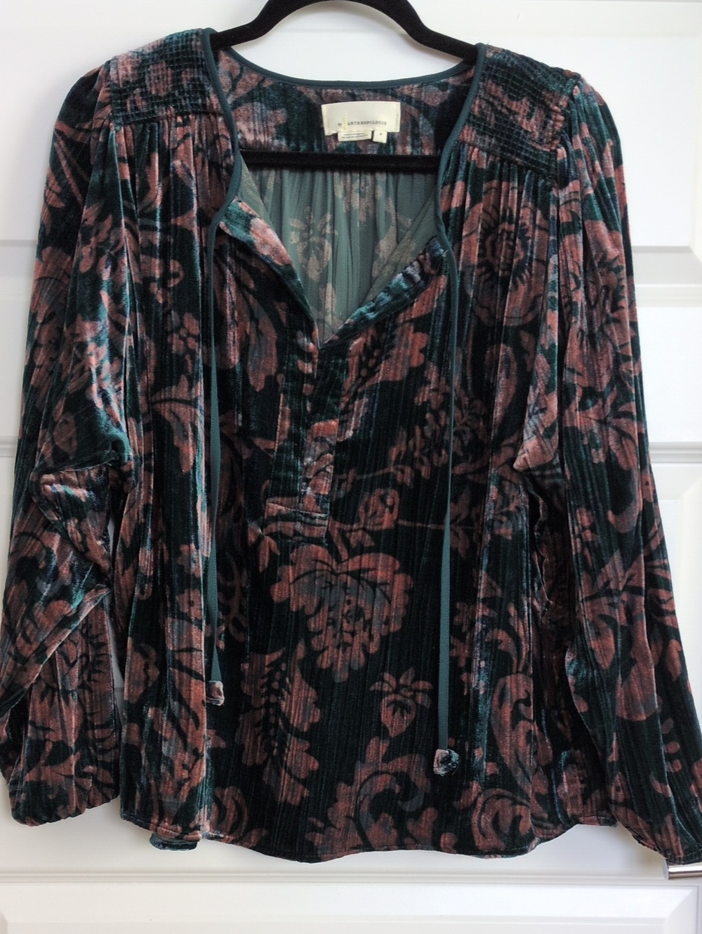 Anthropologie Velvet Floral Blouse - Teal and Rose